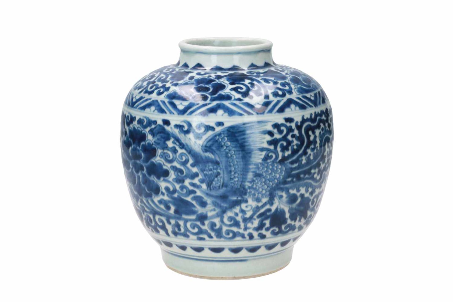 A blue and white porcelain jar, decorated with phoenixes and flowers. Marked with a hare. China, - Image 3 of 6