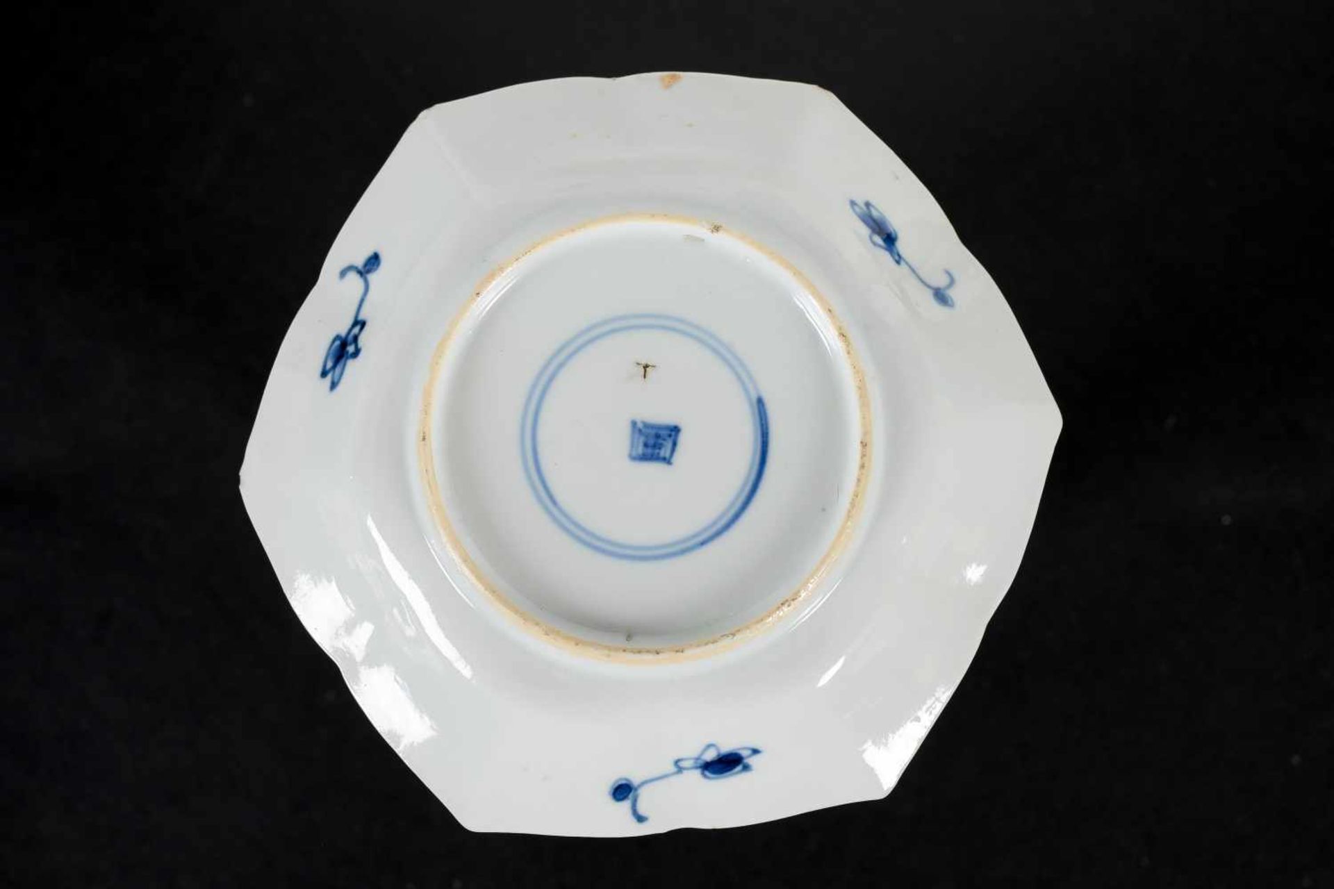 A set of three hexagonal blue and white porcelain cups with saucers, decorated with ducks, flowers - Image 4 of 12