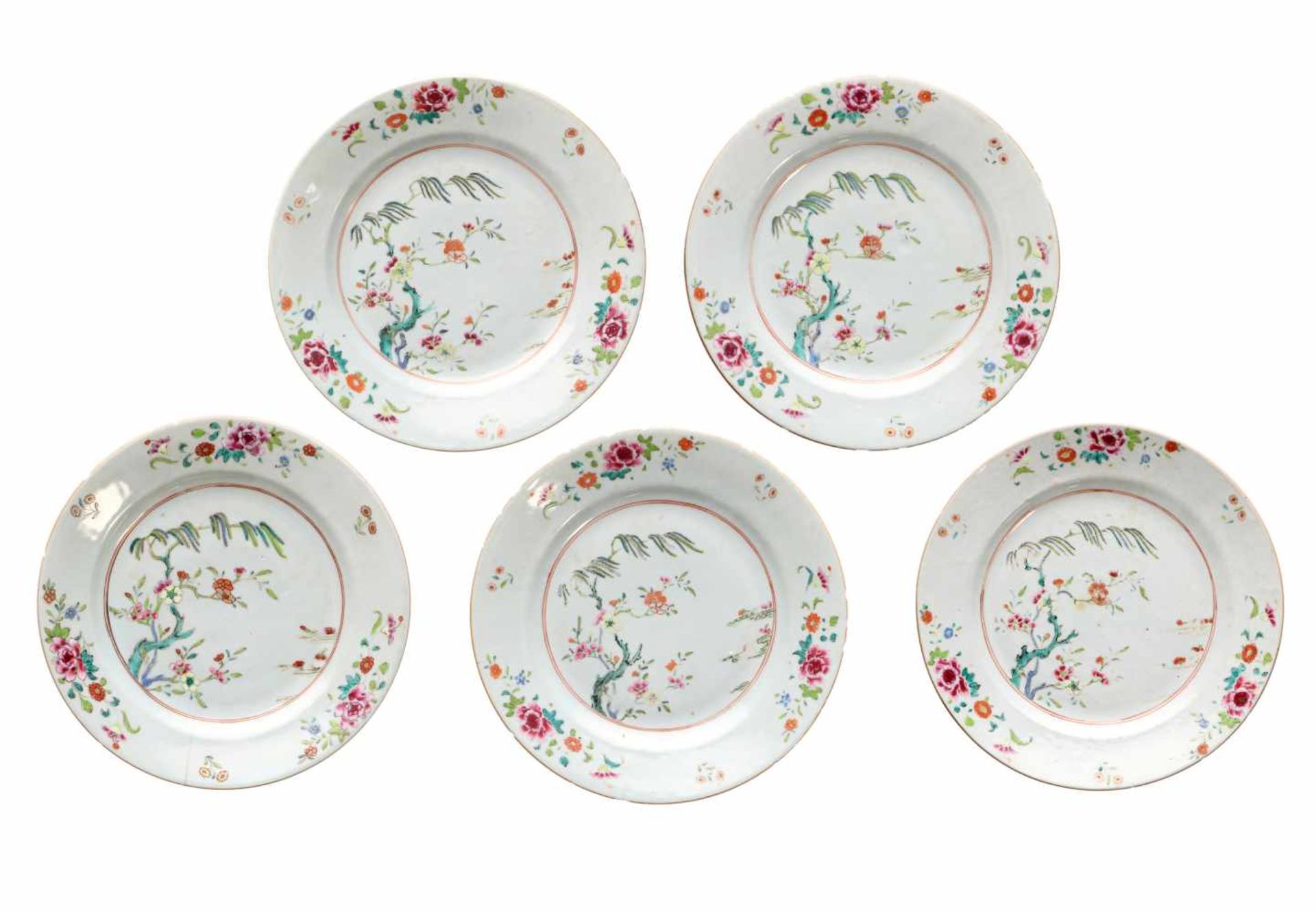 A set of five famille rose porcelain dishes, decorated with flower branches. Unmarked. China,