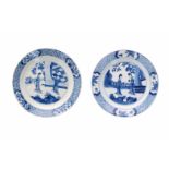 Lot of two blue and white porcelain dishes, decorated with long Elizas. Marked with 6-character