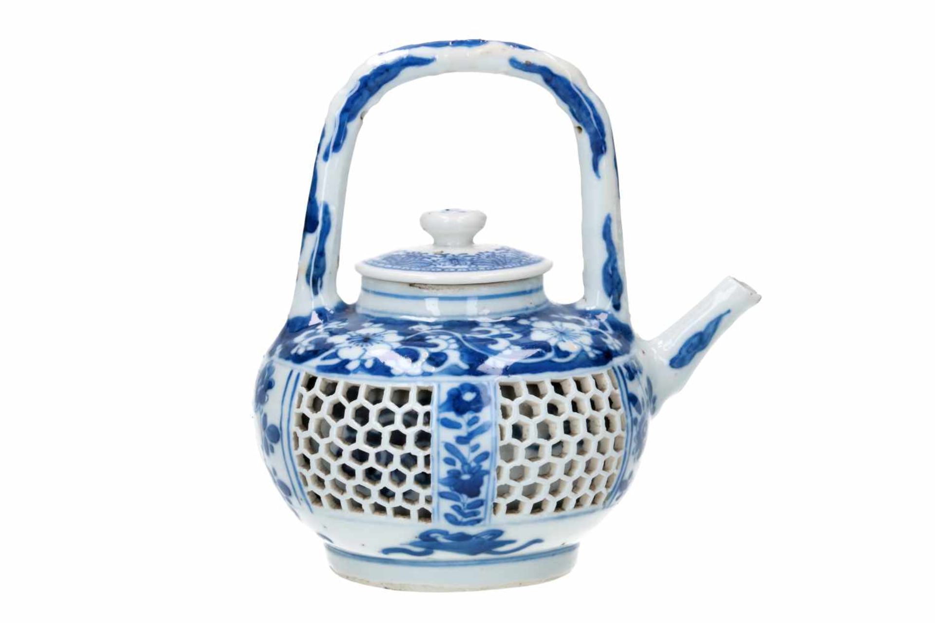 A blue and white porcelain teapot with open work belly, decorated with flowers and censers. Cover - Image 2 of 5