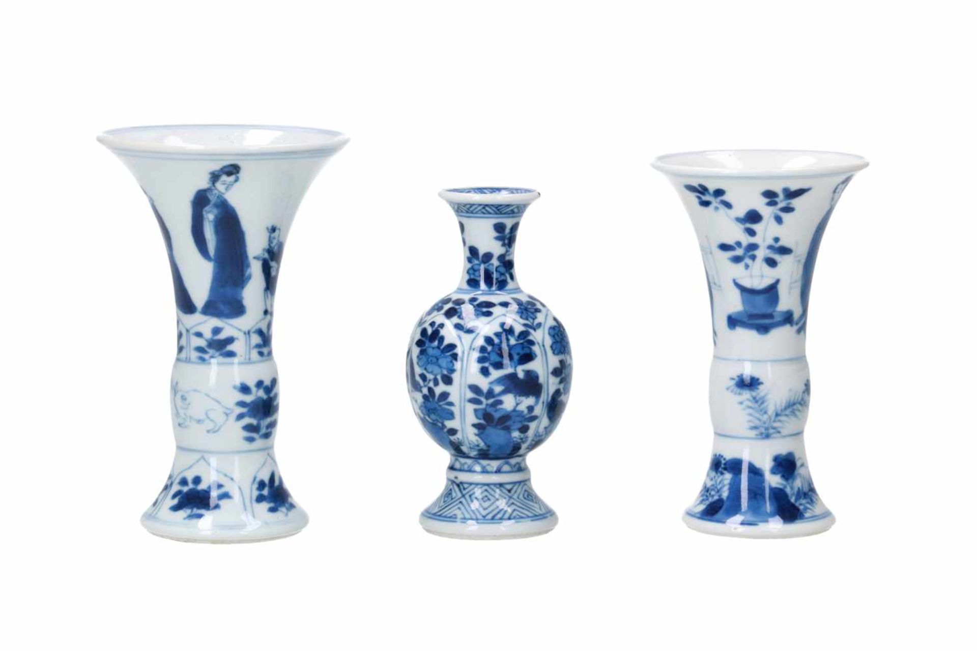 Lot of three diverse blue and white porcelain miniature vases, decorated with flowers, figures, - Image 2 of 14
