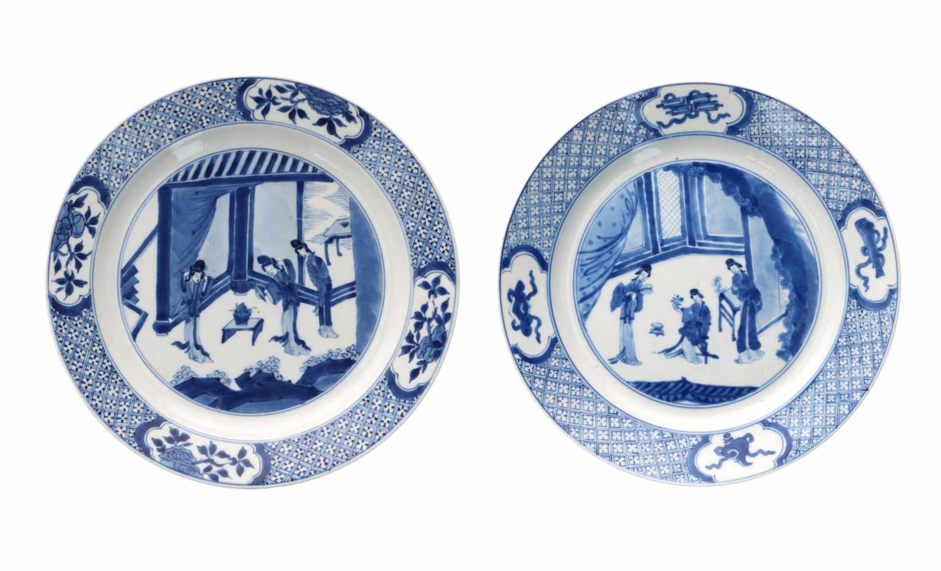 Two blue and white porcelain dishes, decorated with long Elizas in interior. Marked with 6-character