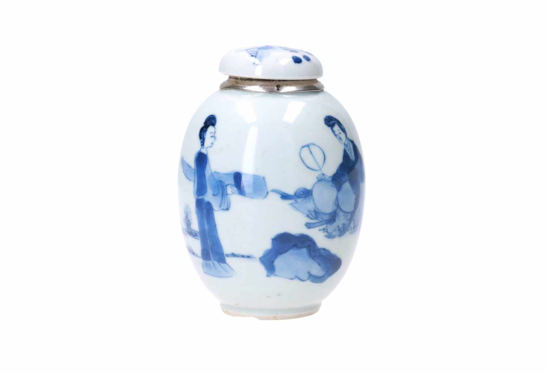 A blue and white porcelain lidded jar with later Dutch silver mounting, decorated with figures in