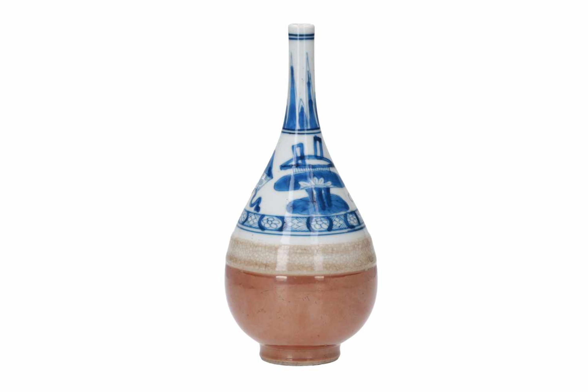 A blue and white porcelain sprinkler vase, decorated with antiquities. The lower part with gold