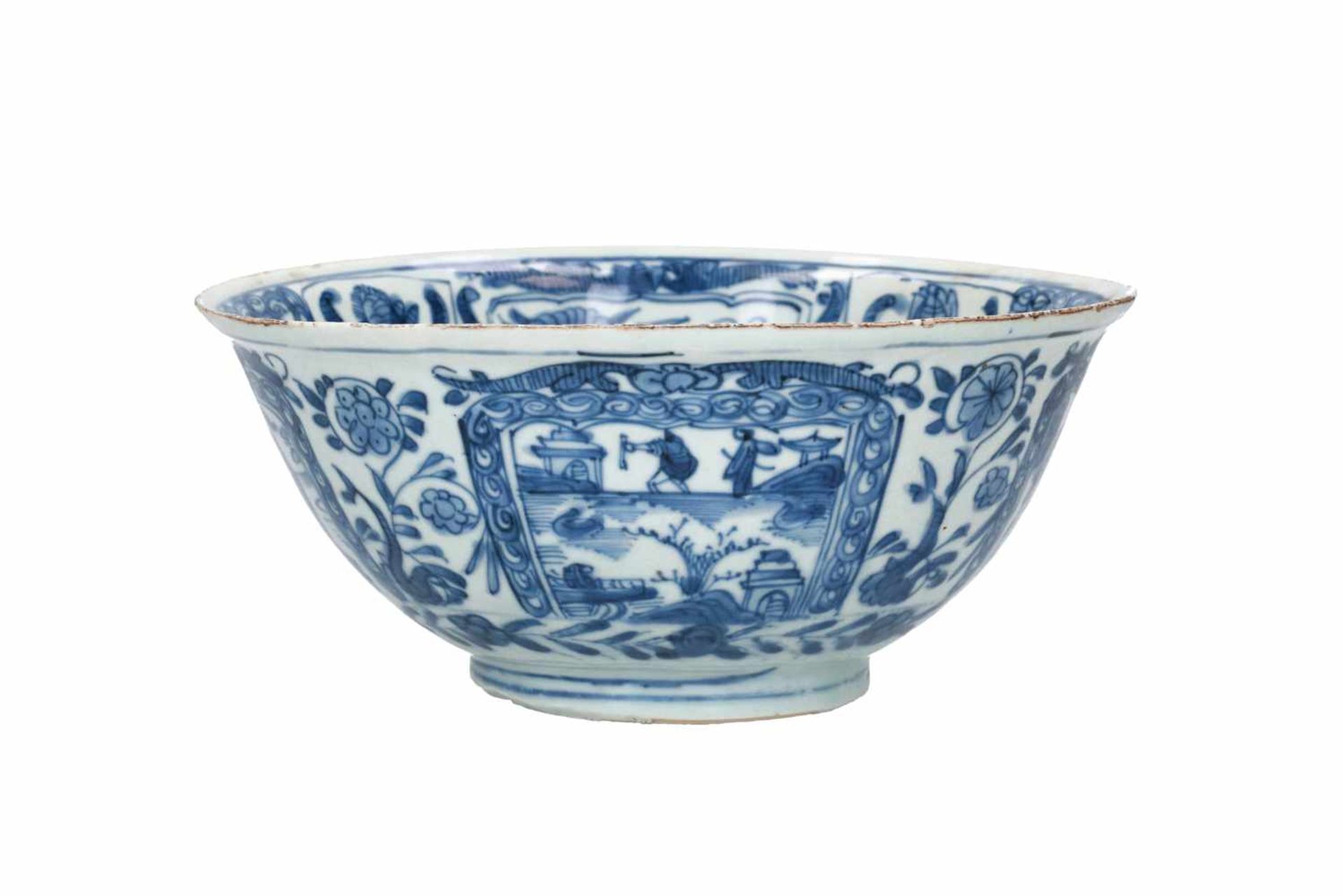 A blue and white porcelain bowl, decorated with figures, tulips and landscapes. Unmarked. China,