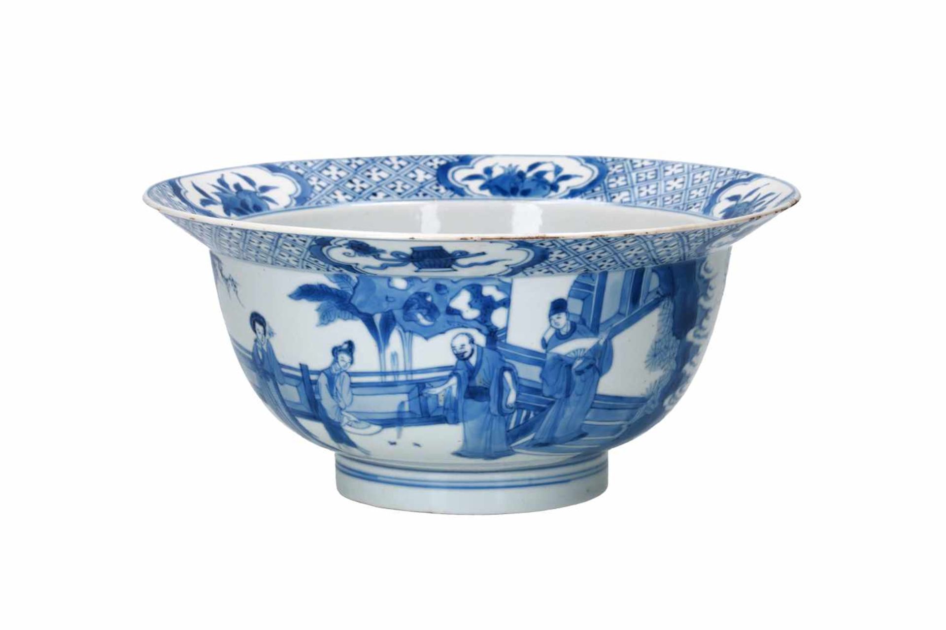 A blue and white porcelain 'klapmuts' bowl, decorated with scenes of the Romance of the Western