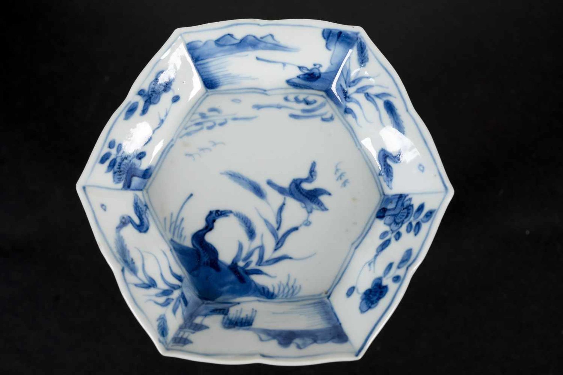 A set of three hexagonal blue and white porcelain cups with saucers, decorated with ducks, flowers - Image 7 of 12