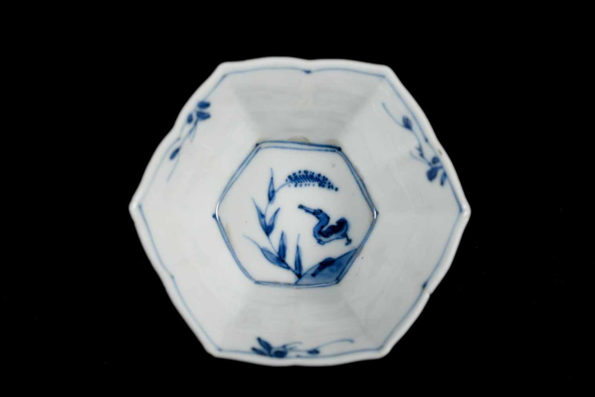 A set of three hexagonal blue and white porcelain cups with saucers, decorated with ducks, flowers - Image 12 of 12