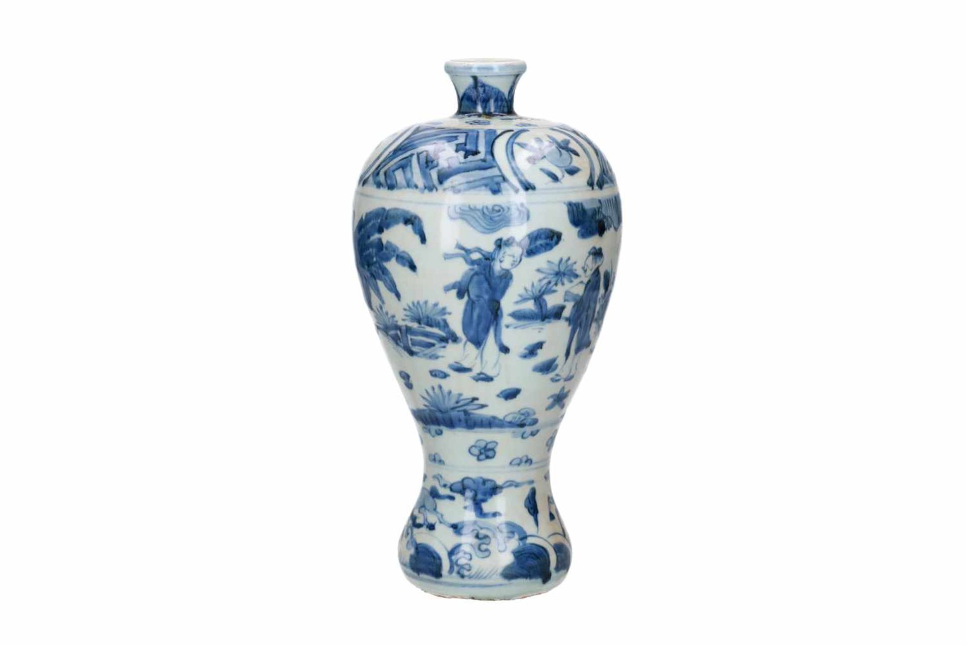 A blue and white porcelain Meiping vase, decorated with figures, horses and fruits. Unmarked. China,