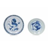 Two blue and white porcelain saucers, decorated with a dragon and a mythical creature. Marked.