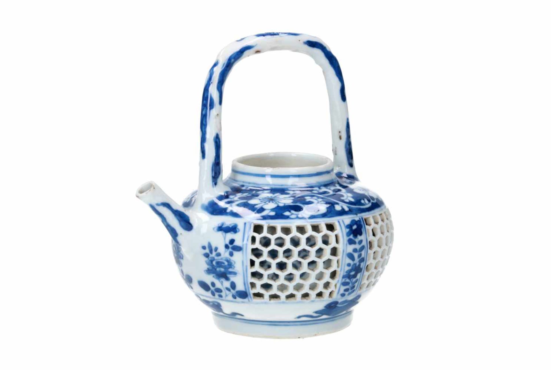 A blue and white porcelain teapot with open work belly, decorated with flowers and censers. Cover - Image 5 of 5