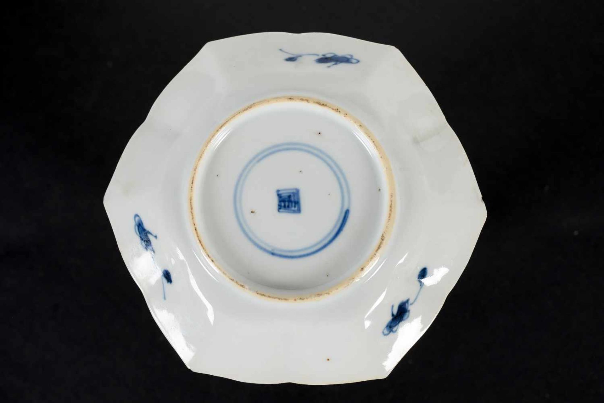 A set of three hexagonal blue and white porcelain cups with saucers, decorated with ducks, flowers - Image 6 of 12