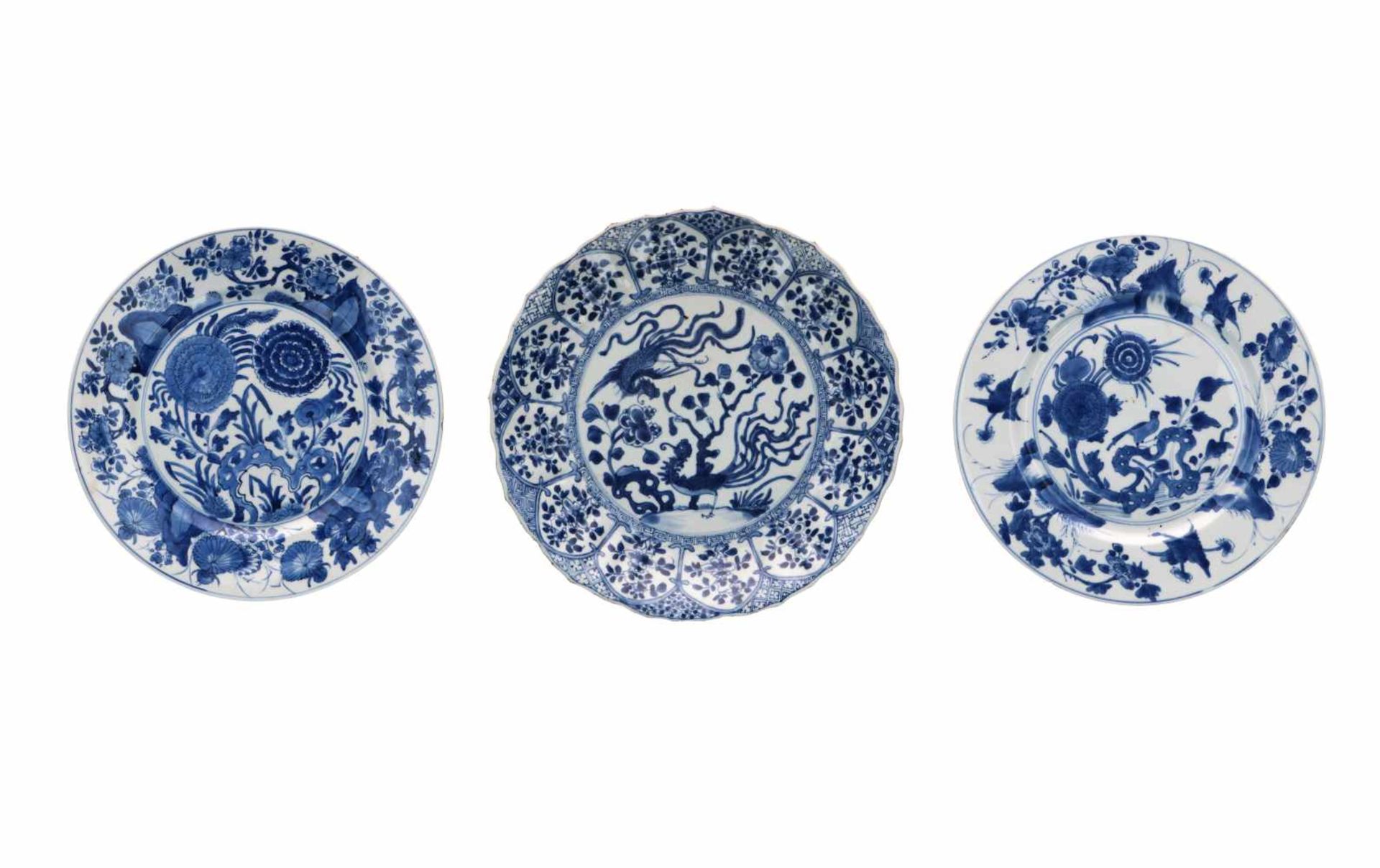 Lot of three blue and white porcelain dishes, 1) decorated with phoenixes and flowers. Unmarked.