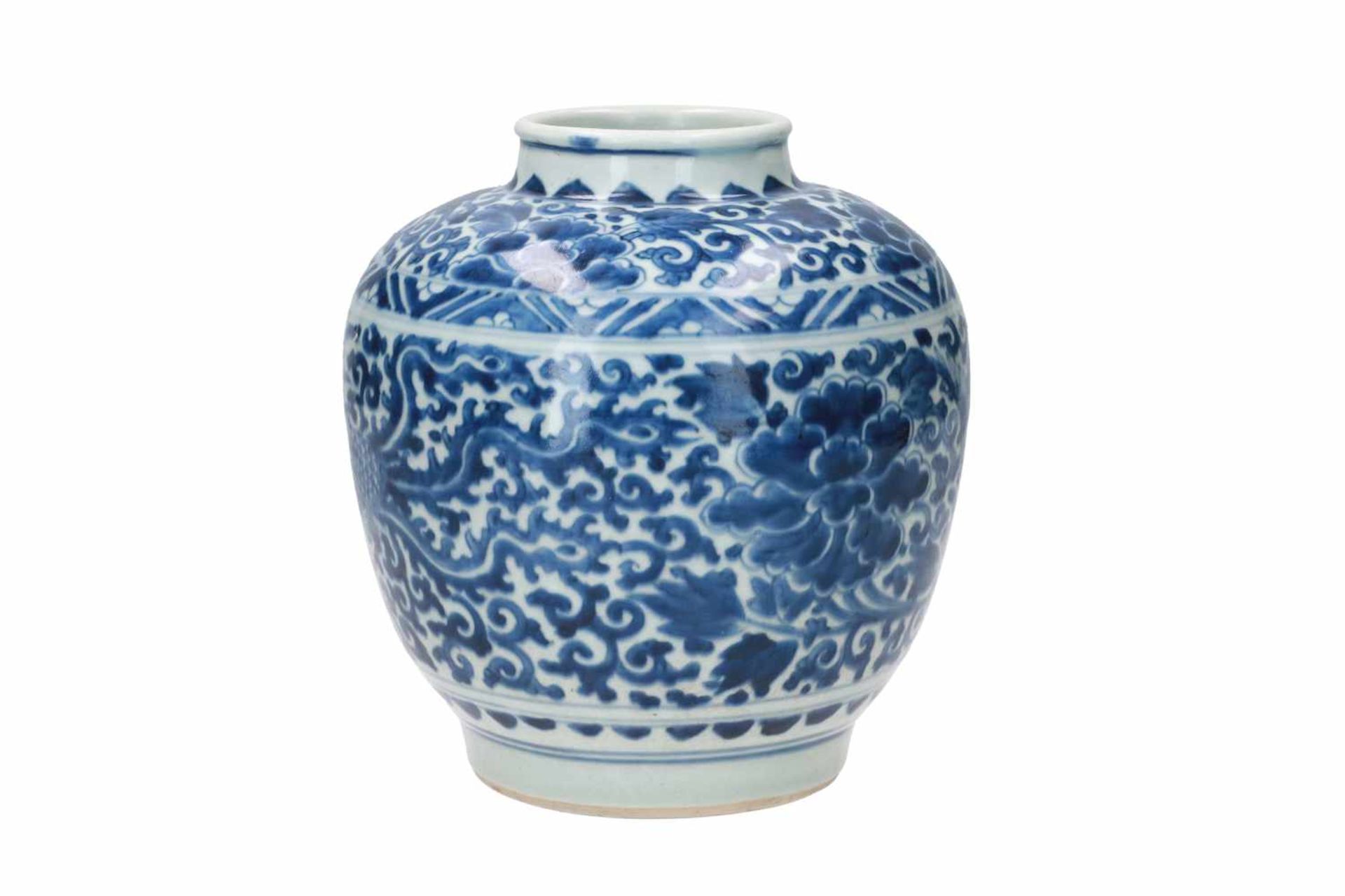 A blue and white porcelain jar, decorated with phoenixes and flowers. Marked with a hare. China, - Image 2 of 6
