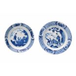 Lot of two blue and white porcelain saucers, decorated with long Eliza and little boys. Marked