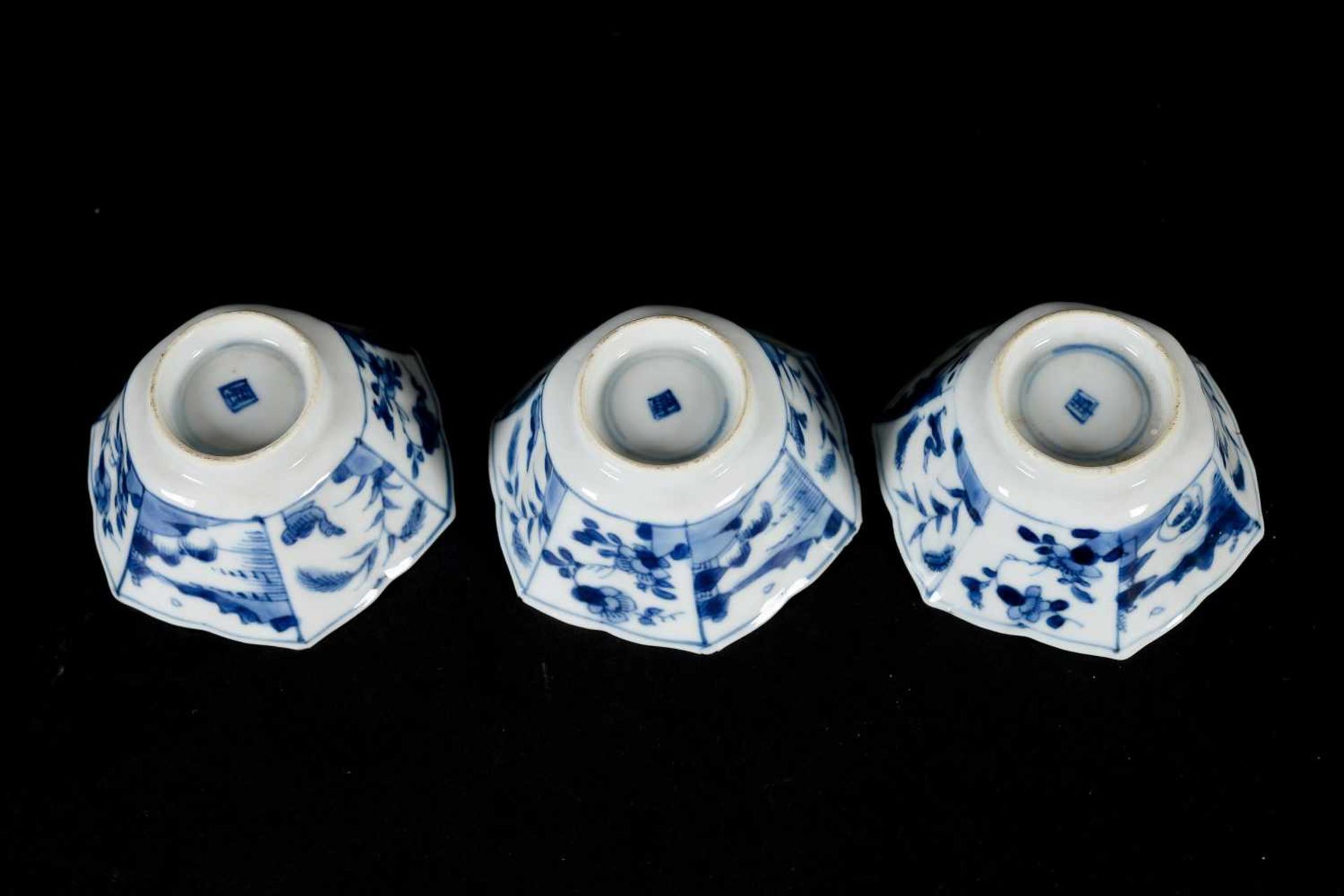 A set of three hexagonal blue and white porcelain cups with saucers, decorated with ducks, flowers - Image 11 of 12