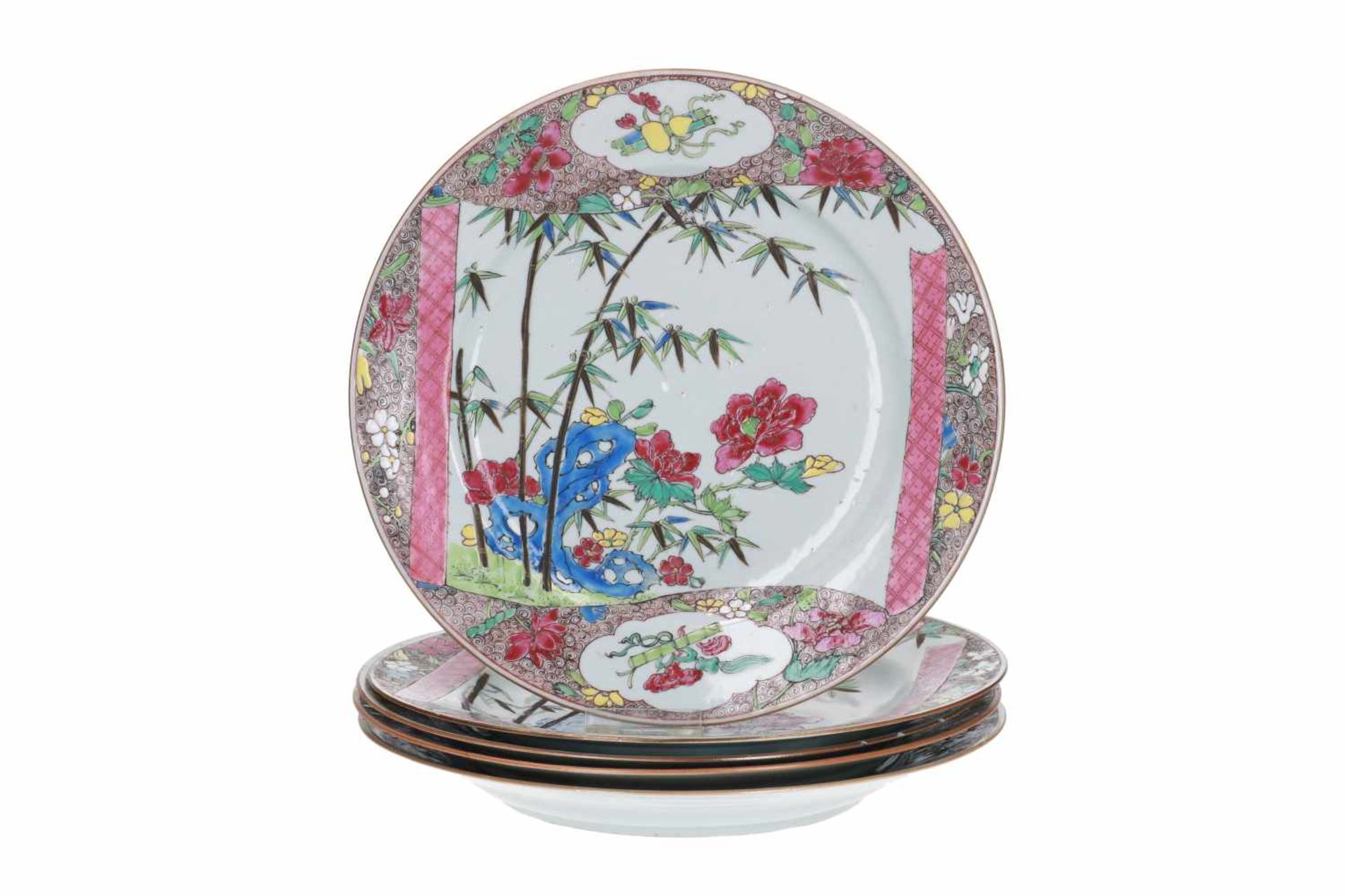 A set of five famille rose porcelain dishes, decorated with scrolls and flowers. Unmarked. China,