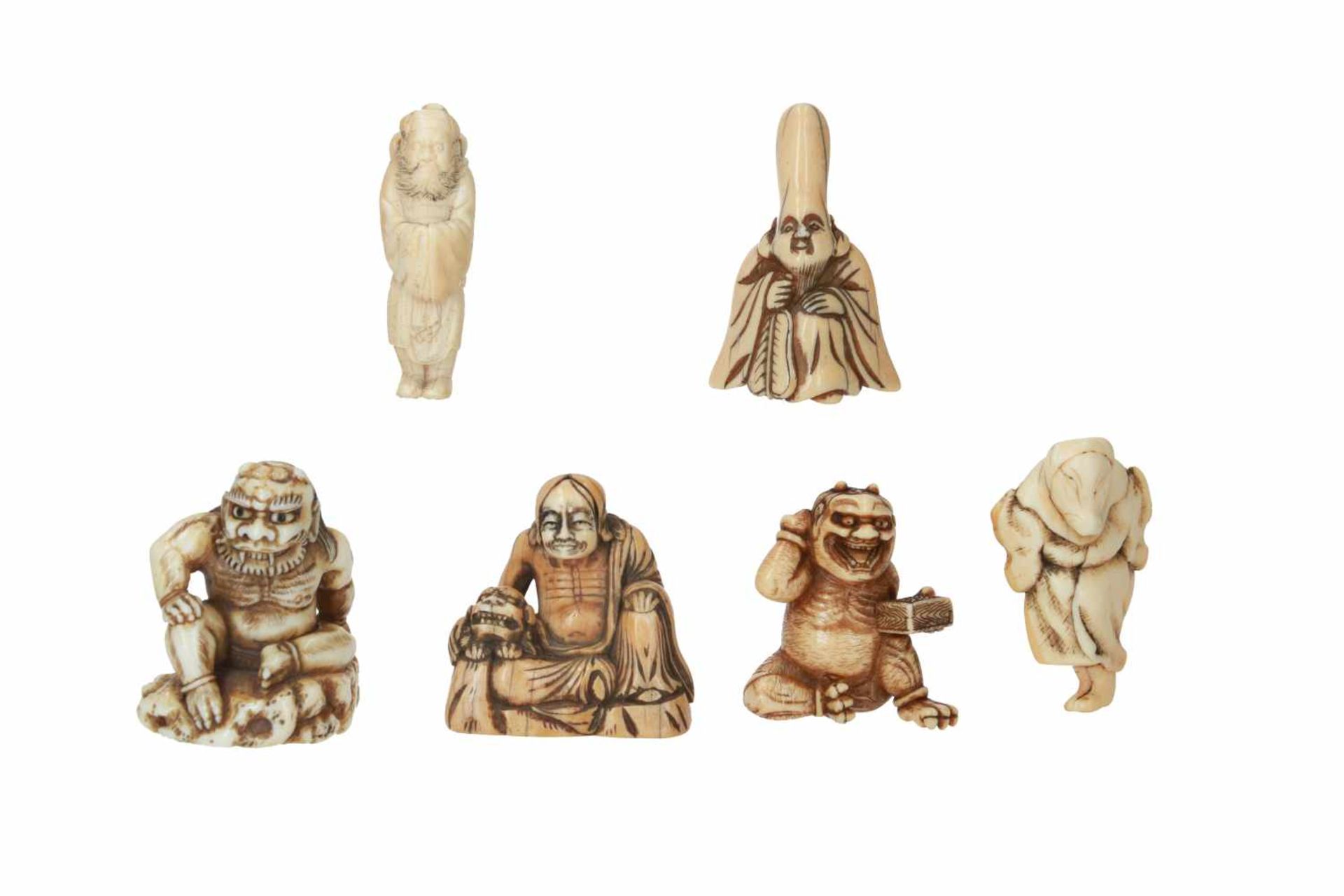 Lot of six netsuke, 1) ivory, Fukurokuju with fan. H. 5 cm. 2) ivory, sitting Oni on rocks. H. 4.5