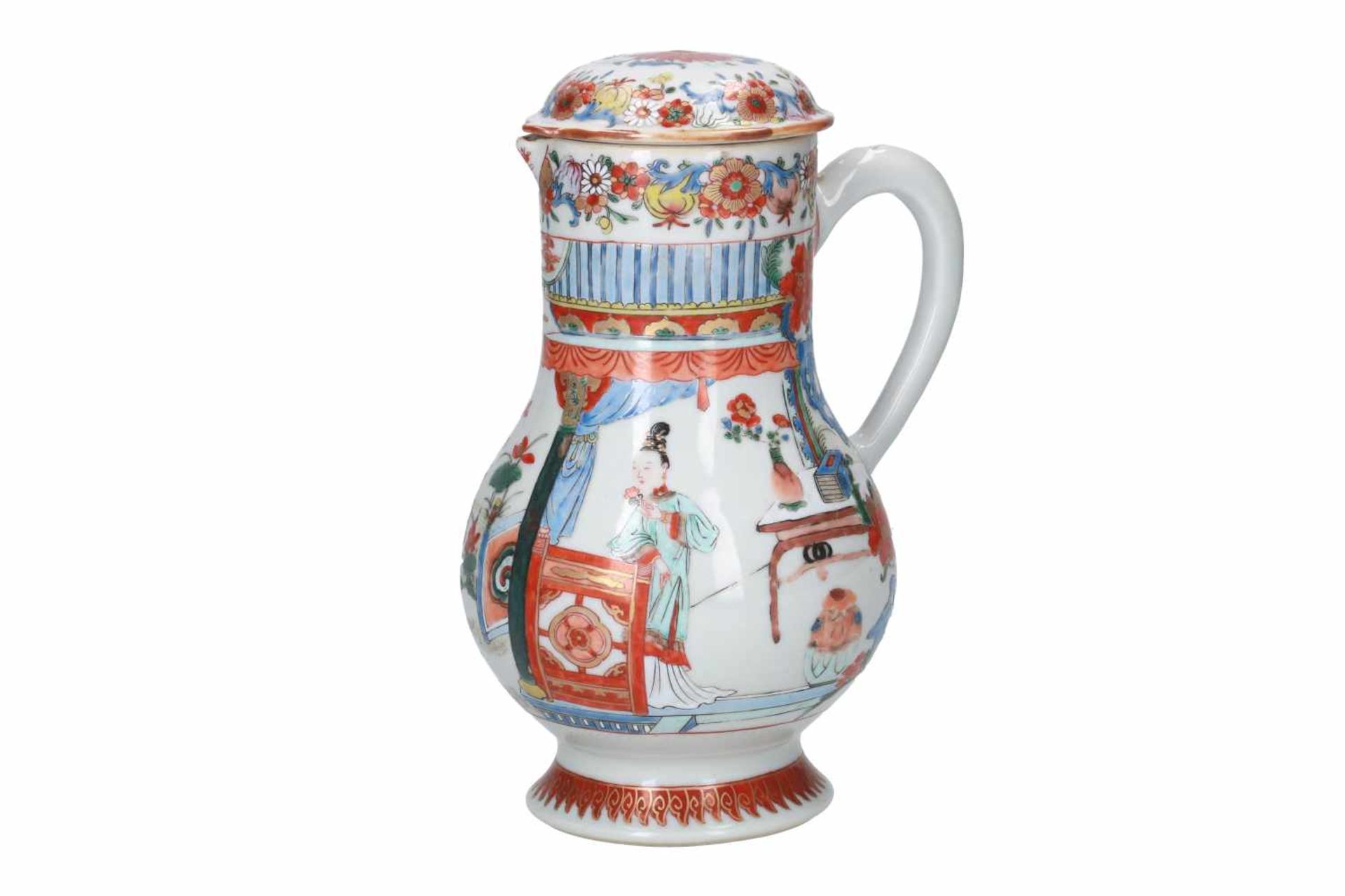 A polychrome porcelain jug, decorated with flowers and scenes with figures. Unmarked. China, Kangxi.