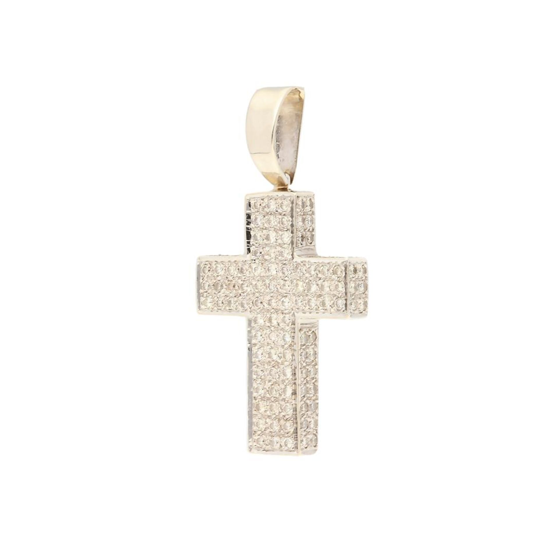 A 14-kt white gold cross pavé set with 124 diamonds of each approx. 0.01 ct. Dim. 4.1 x 2.4 cm. Tot