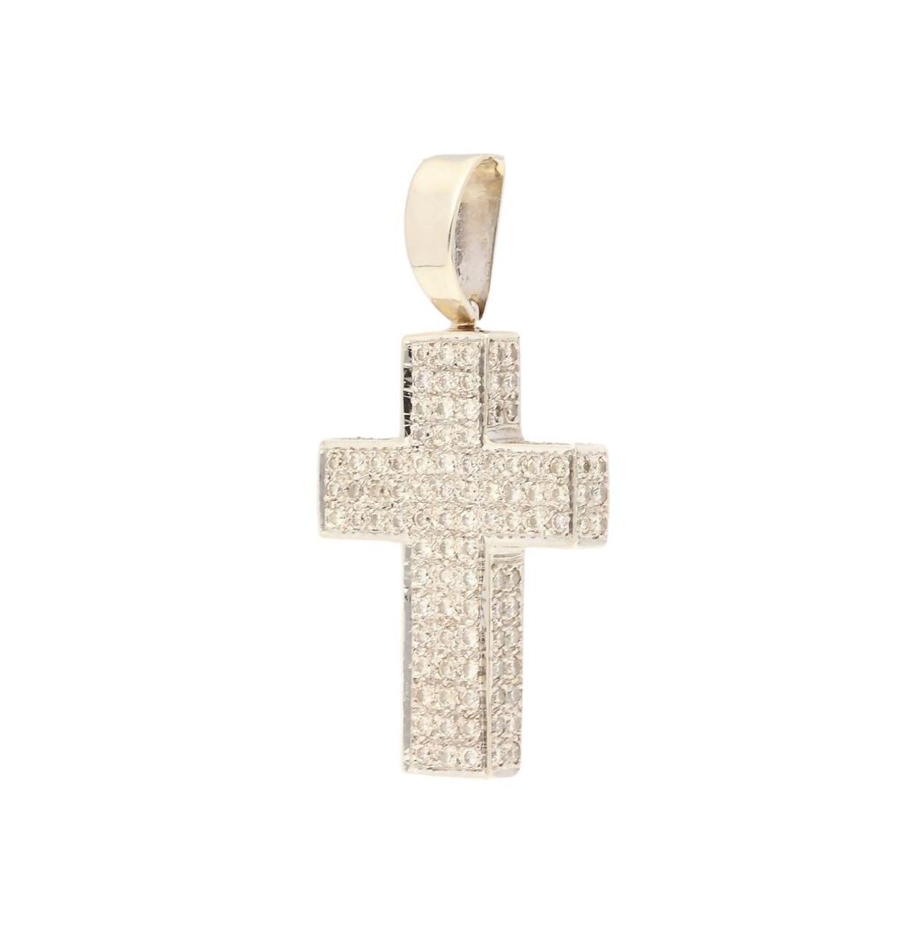 A 14-kt white gold cross pavé set with 124 diamonds of each approx. 0.01 ct. Dim. 4.1 x 2.4 cm. Tot - Image 4 of 6