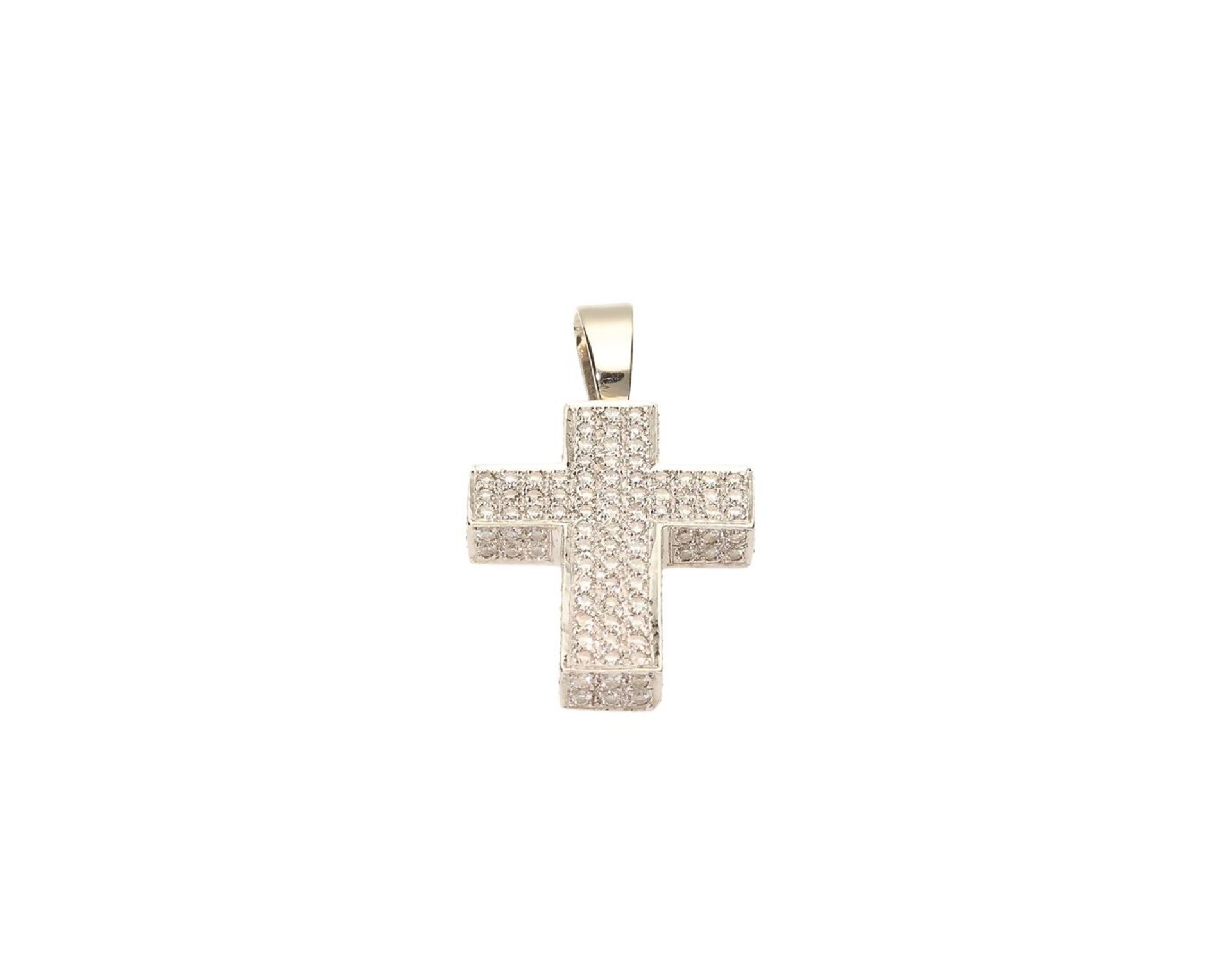 A 14-kt white gold cross pavé set with 124 diamonds of each approx. 0.01 ct. Dim. 4.1 x 2.4 cm. Tot - Image 3 of 6