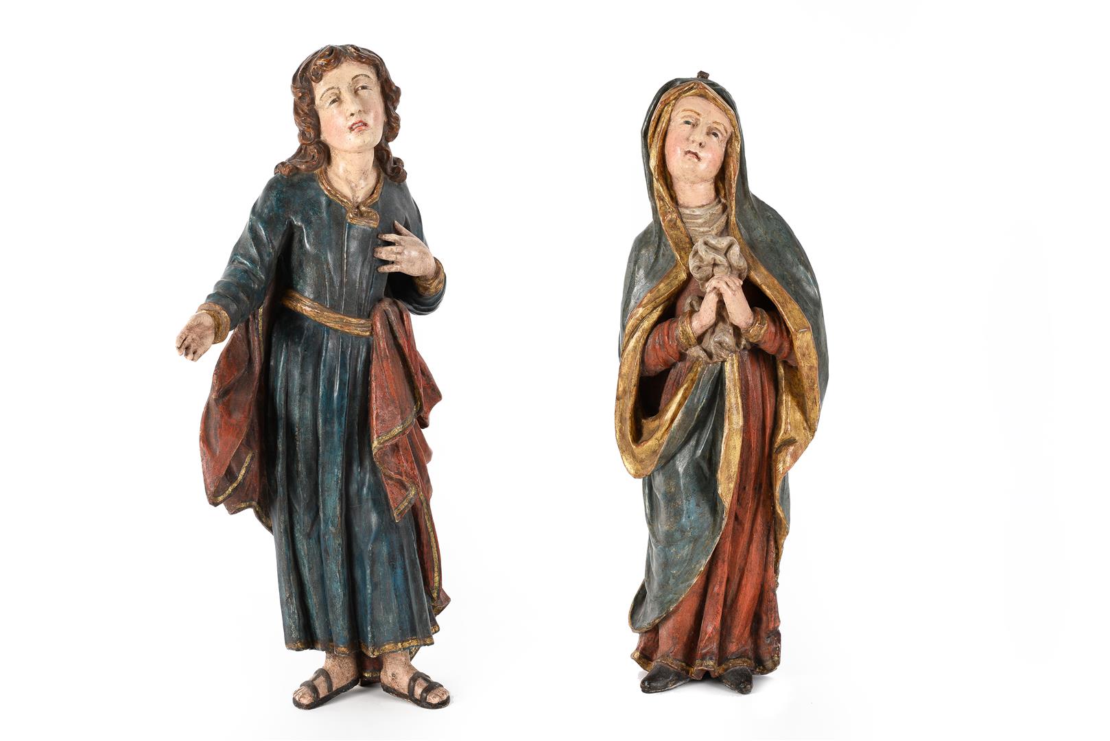 Two polychrome wooden sculptures of Maria Cleophas and possibly Josef of Arimathea. Possibly Germany