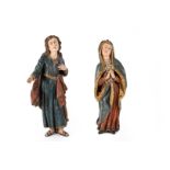 Two polychrome wooden sculptures of Maria Cleophas and possibly Josef of Arimathea. Possibly Germany