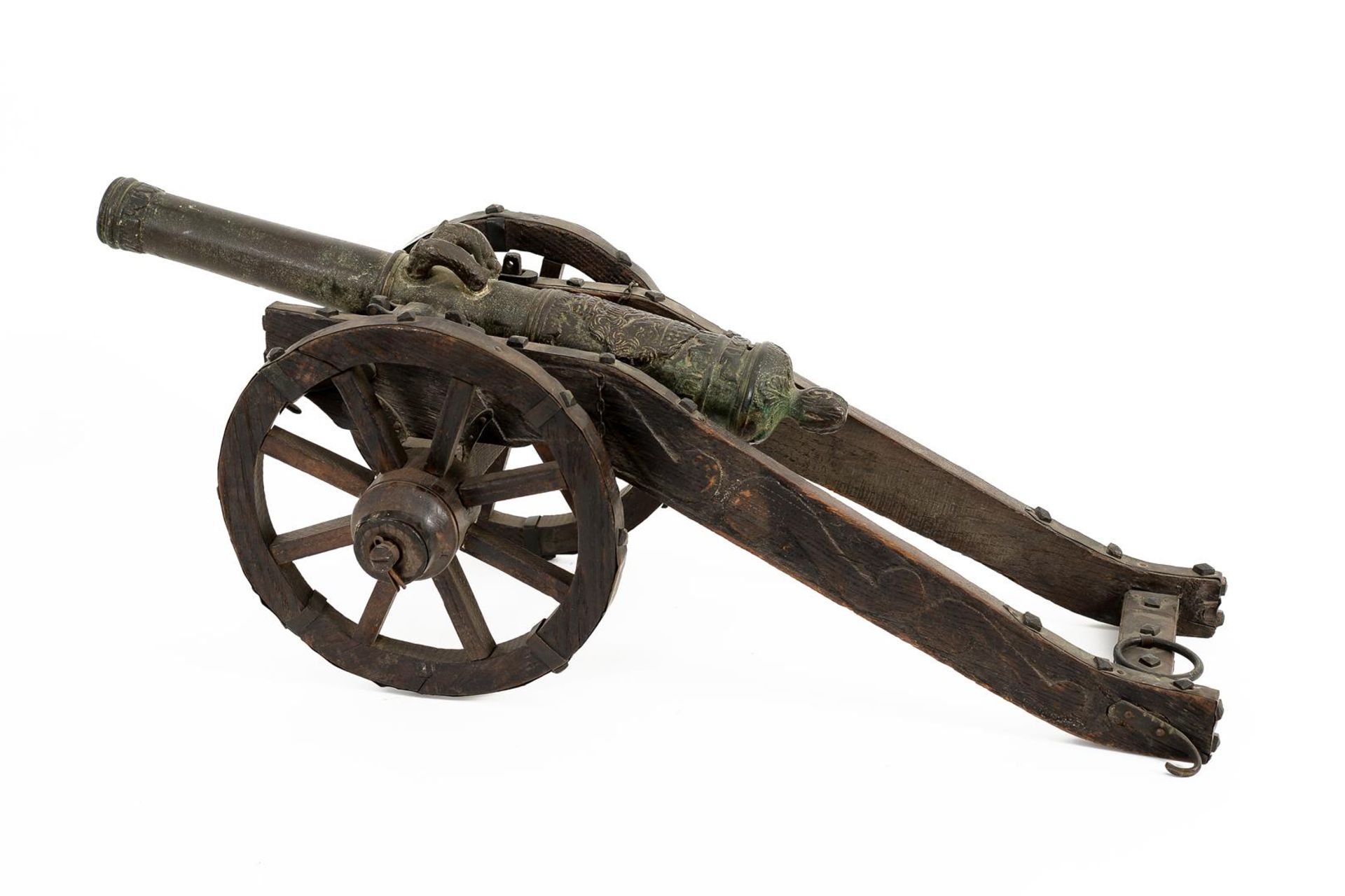 A pair of bronze cannons with coat of arms, on wooden gun carriage. Dated 1630. Holland, 19th centur - Bild 4 aus 9