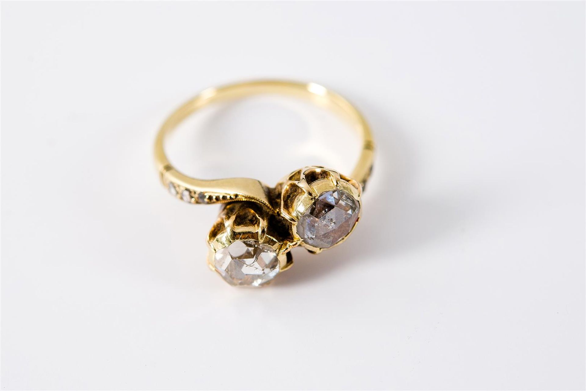 A 14-kt golden ring with two rose cut diamonds and six small rose cut entourage diamonds. Size 51 an - Image 4 of 5