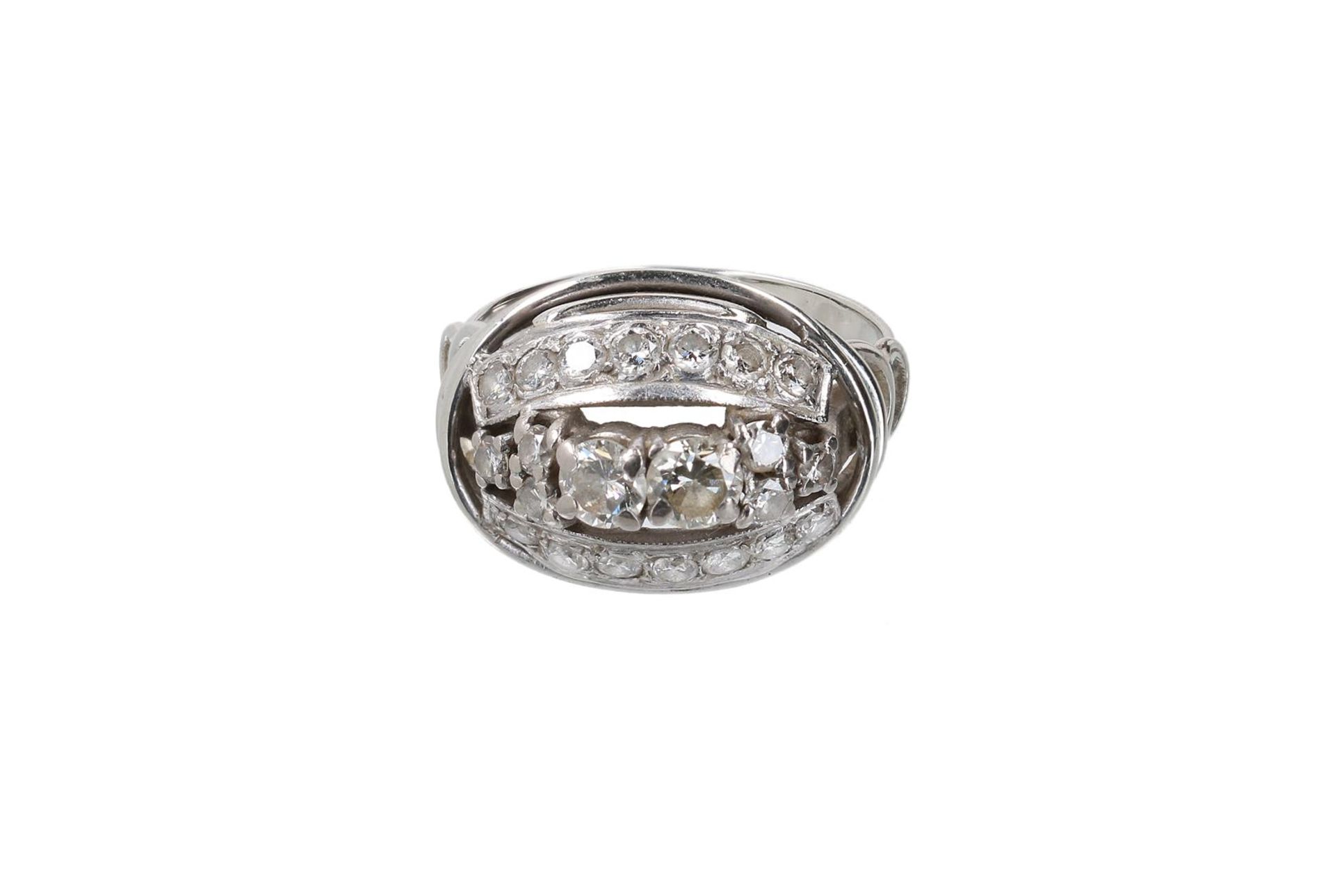 A 14-kt white golden ring, set with 22 diamonds. Size 54 and 6-2/4. Total weight approx. 5.5 g. - Image 2 of 3