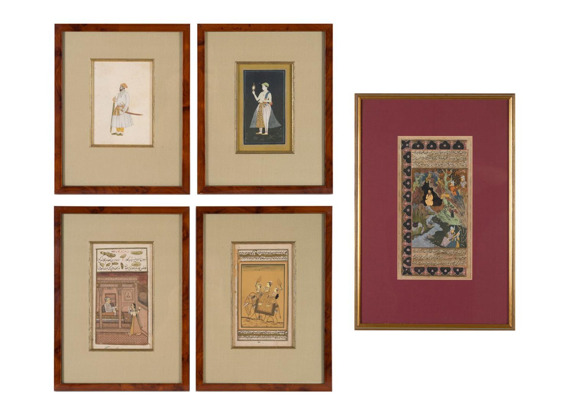 Lot of five diverse miniatures in frame, depicting figures and animals. India, 18th/19th century.