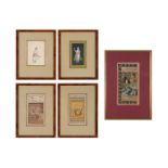 Lot of five diverse miniatures in frame, depicting figures and animals. India, 18th/19th century.