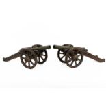 A pair of bronze cannons with coat of arms, on wooden gun carriage. Dated 1630. Holland, 19th centur