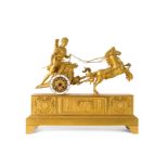 An ormolu bronze mantel clock depicting a chariot with Hercules and the Nemean lion, pulled by two