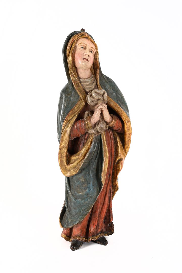Two polychrome wooden sculptures of Maria Cleophas and possibly Josef of Arimathea. Possibly Germany - Image 4 of 7