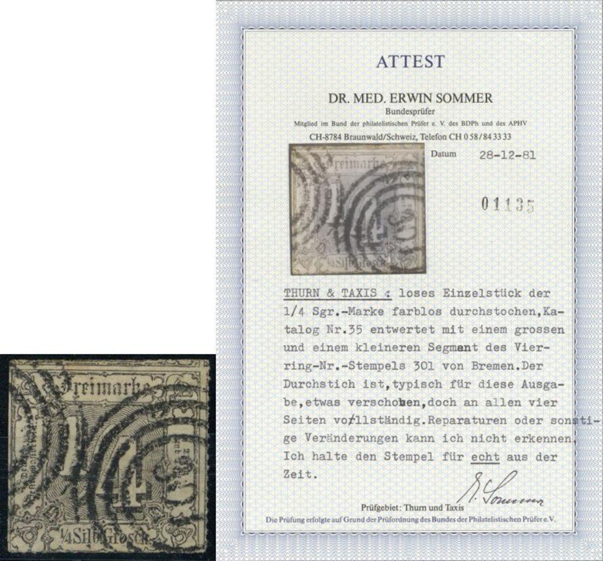 THURN und TAXIS, Mi.Nr.35, 1865, 1/4 Sgr schwarz, farbloser unzentrischer Durchstich, RNS 301,