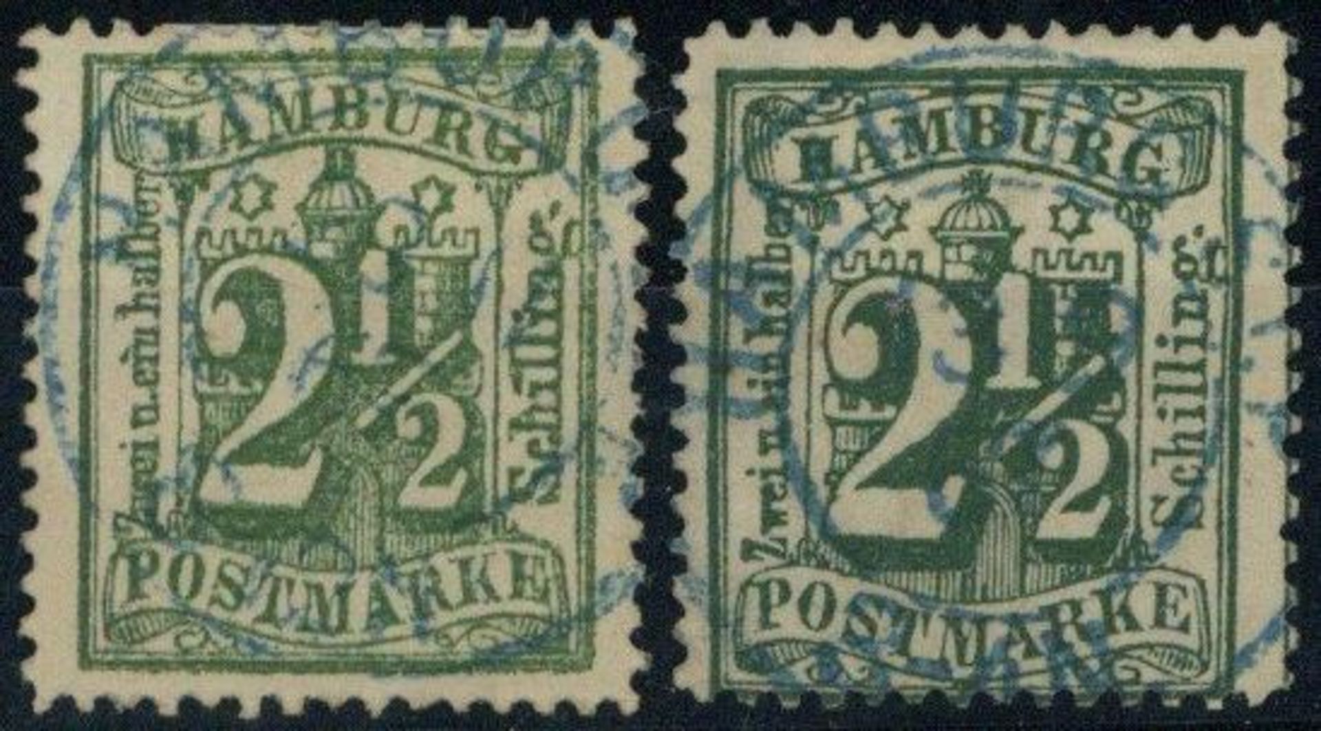 HAMBURG, Mi.Nr.22a-b, 1867, 2 1/2 S olivgrün sowie opalgrün, je K2 HAMBURG, farbfrisch, je etwas
