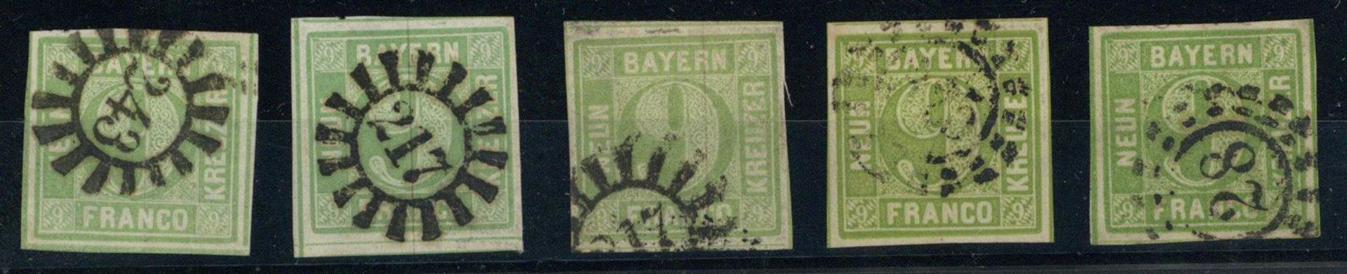 BAYERN, Mi.Nr.5a-d,aa, 1850/62, 9 Kr grün, alle 5 Farben, je vollrandig, mit gMR bzw oMR, Farbe a