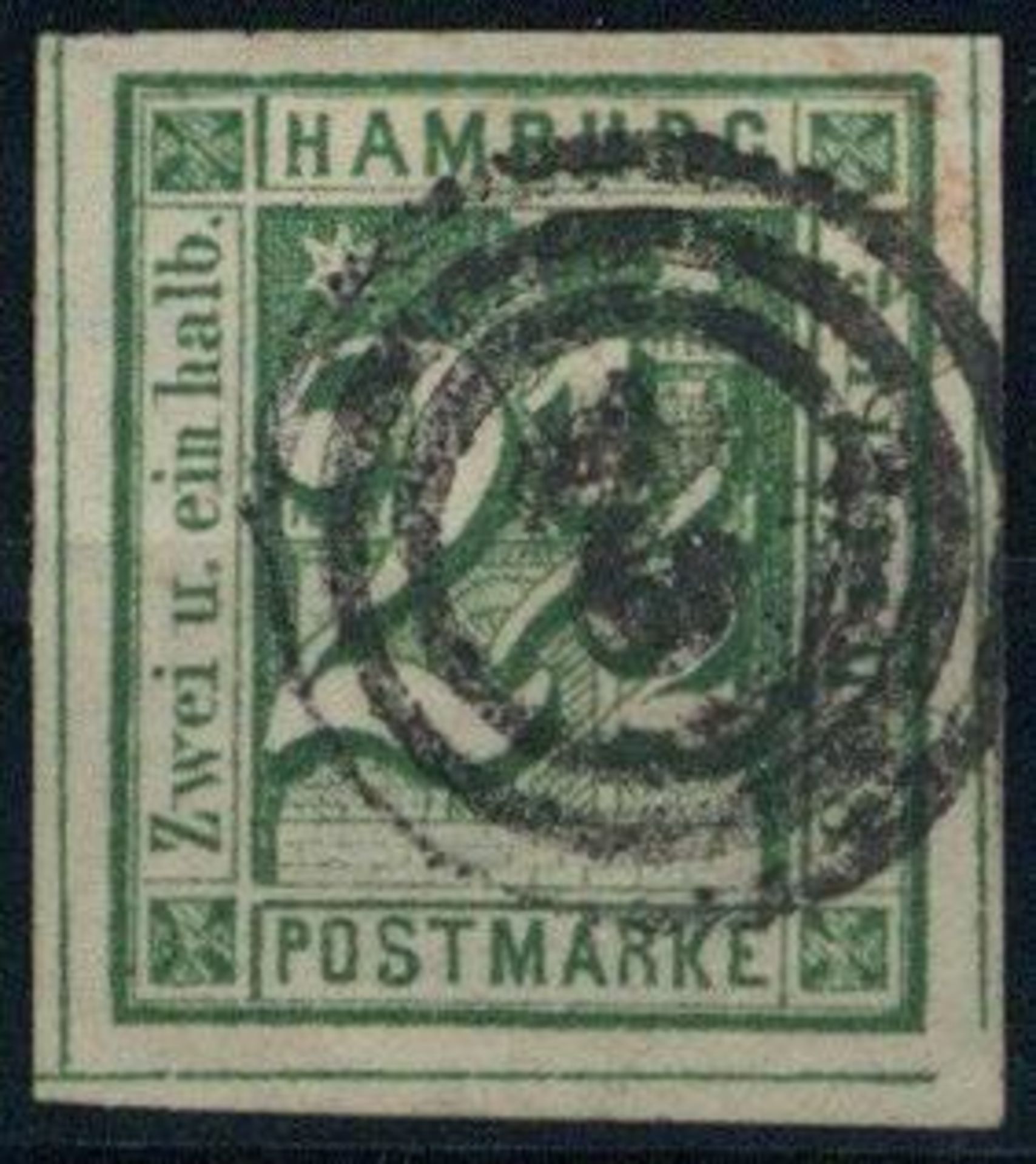 HAMBURG, Mi.Nr.9, 1864, 2 1/2 S Wappen dunkelgrün, breitrandig, farbfrisch, NS 2, tadellos, tiefst