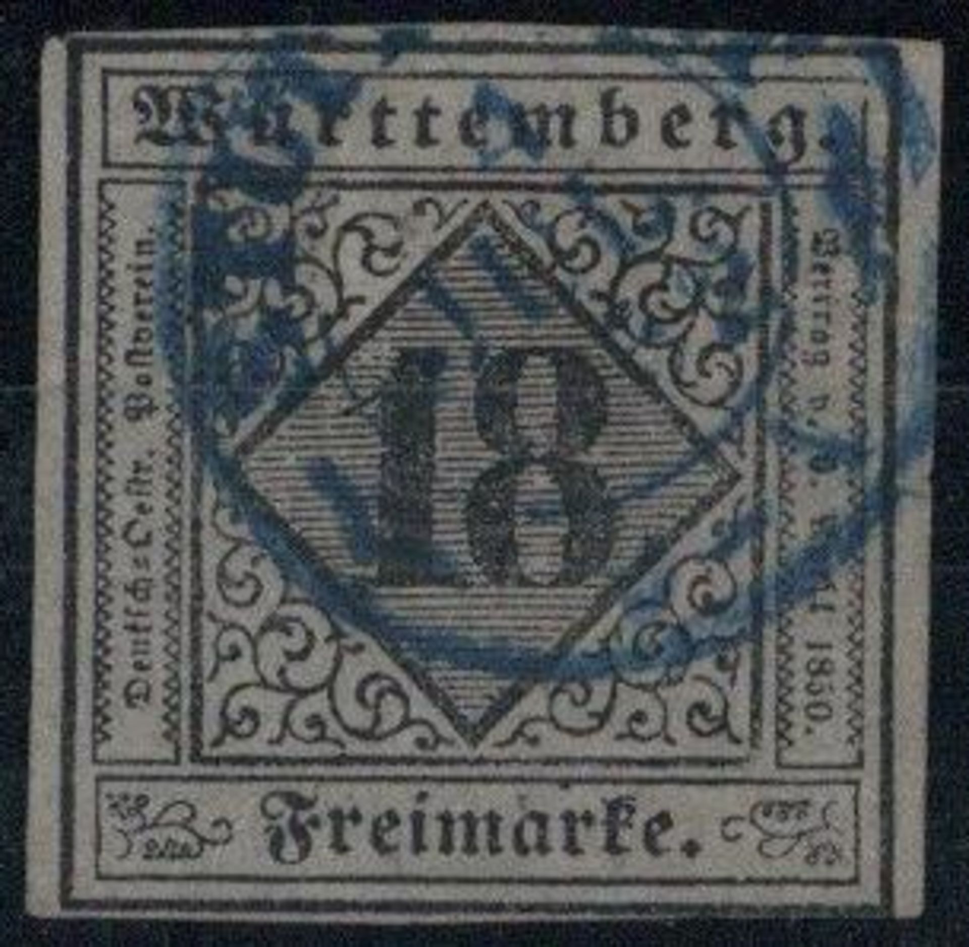 WÜRTTEMBERG, Mi.Nr.5I, 1851, 18 Kr schwarz/violettgrau, Type I, u.r. bis an die Randlinie