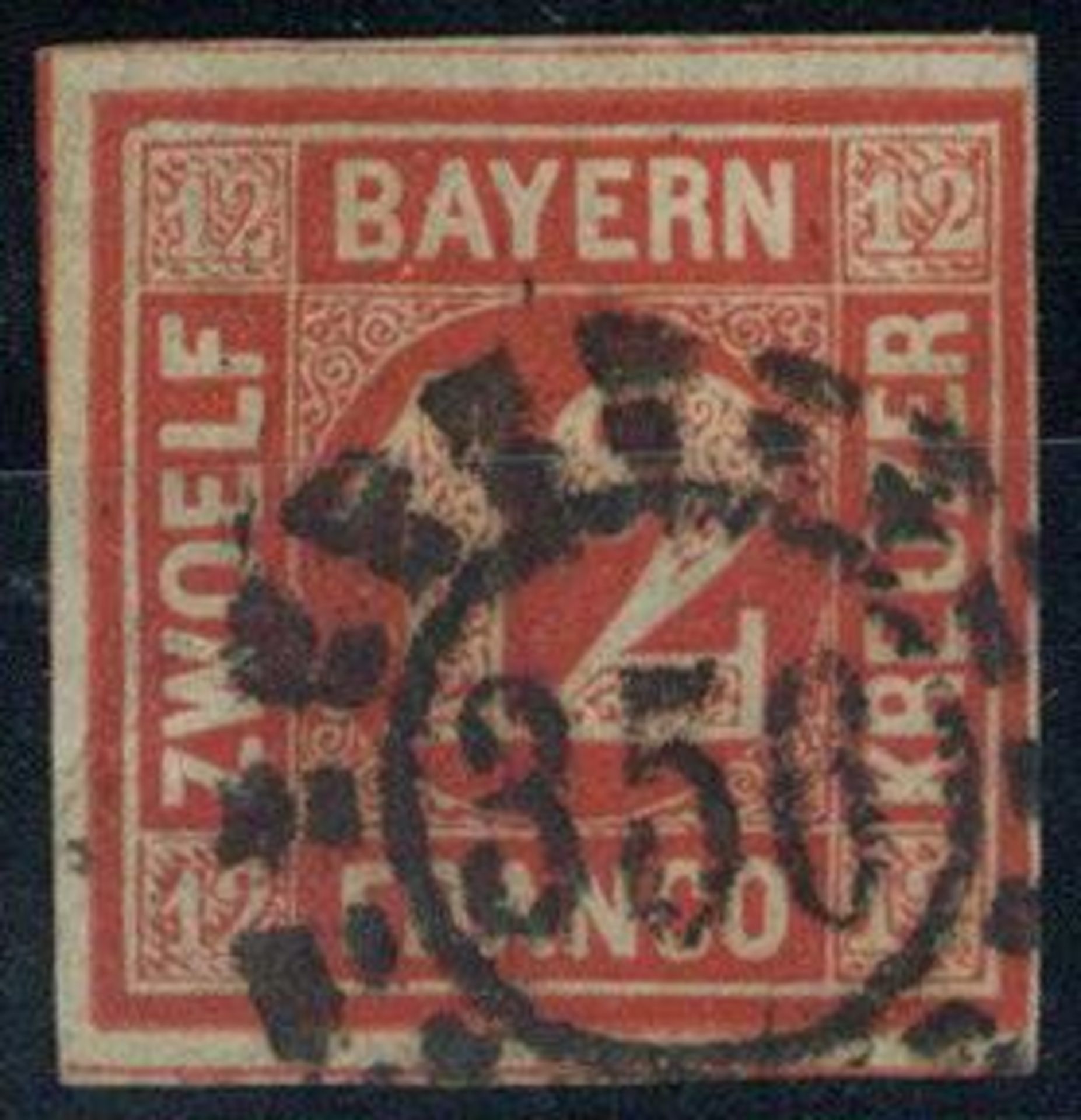 BAYERN, Mi.Nr.6, 1858, 12 Kr rot, rechts Lupenrand, sonst vollrandig, oMR, farbfrisch,