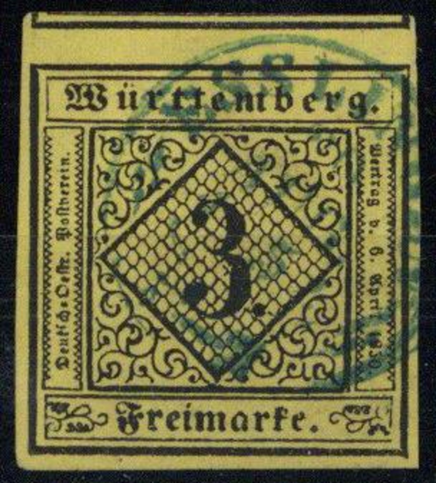 WÜRTTEMBERG, Mi.Nr.2c, 1851, 3 Kr schwarz/hellrötlichgelb, Type II, voll- überandig, K1 ESSLINGEN 20