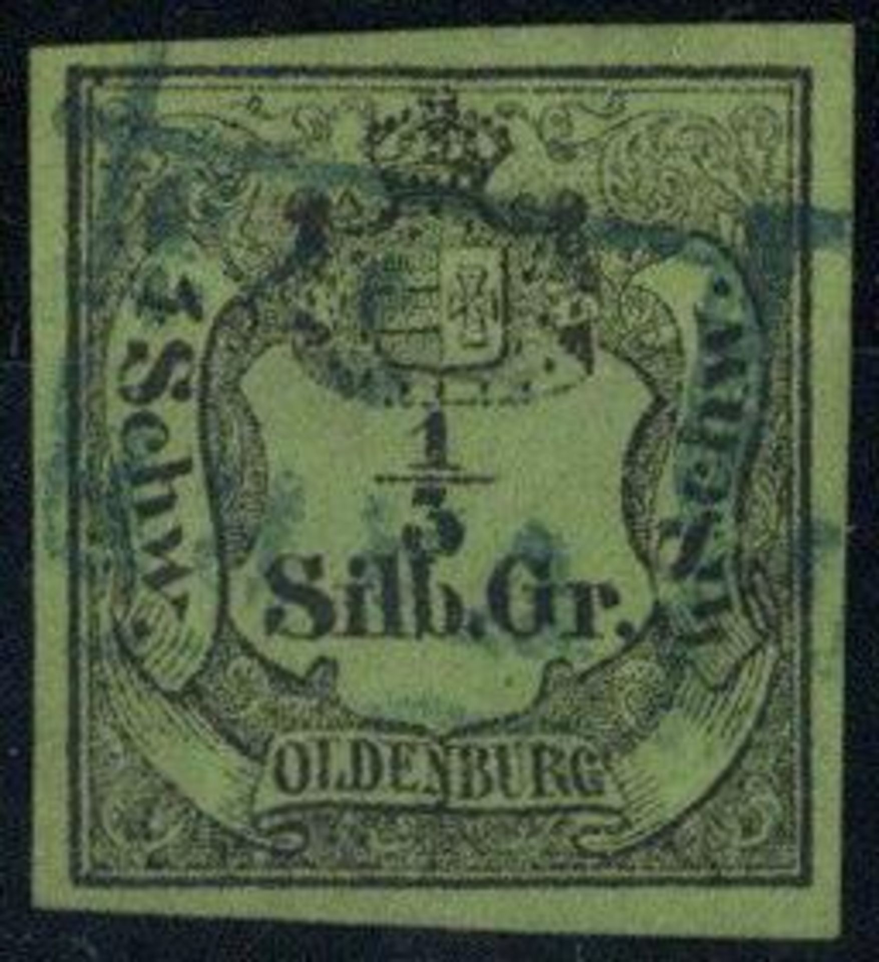 OLDENBURG, Mi.Nr.1, 1852, 1/3 Sgr/4 Schw schwarz/grünoliv, vollrandig, gestempelt, einwandfrei,