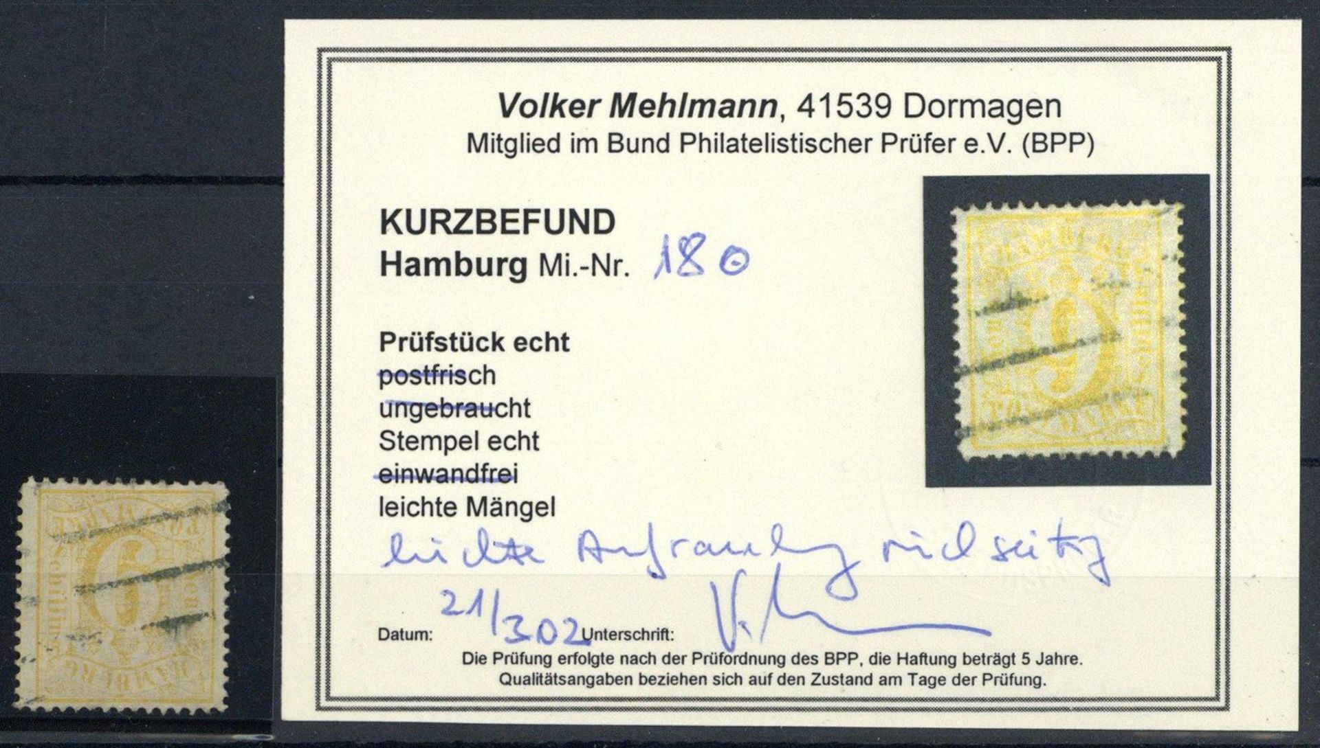HAMBURG, Mi.Nr.18, 1864, 9 S orangegelb, Vierstrichstempel, leichte Aufrauhung rückseitig,