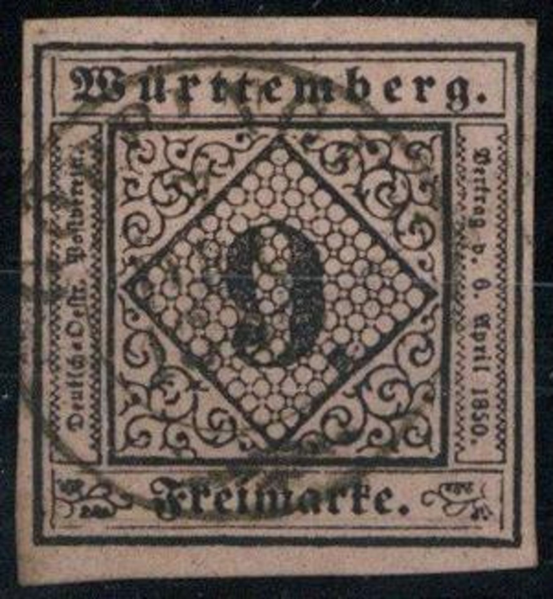 WÜRTTEMBERG, Mi.Nr.4b, 1851, 9 Kr schwarz/mattrötlichkarmin, Type II, vollandig, K2 GÖPPINGEN 7