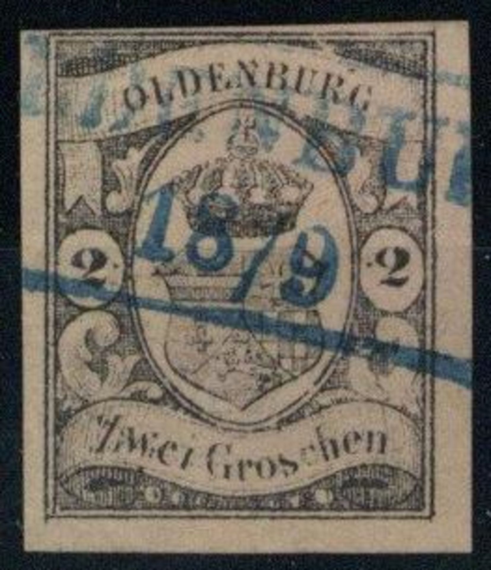 OLDENBURG, Mi.Nr.7, 1859/61, 2 Gr schwarz/mattrötlichkarmin, vollrandig, blauer Ra2 OLDENBURG 18/