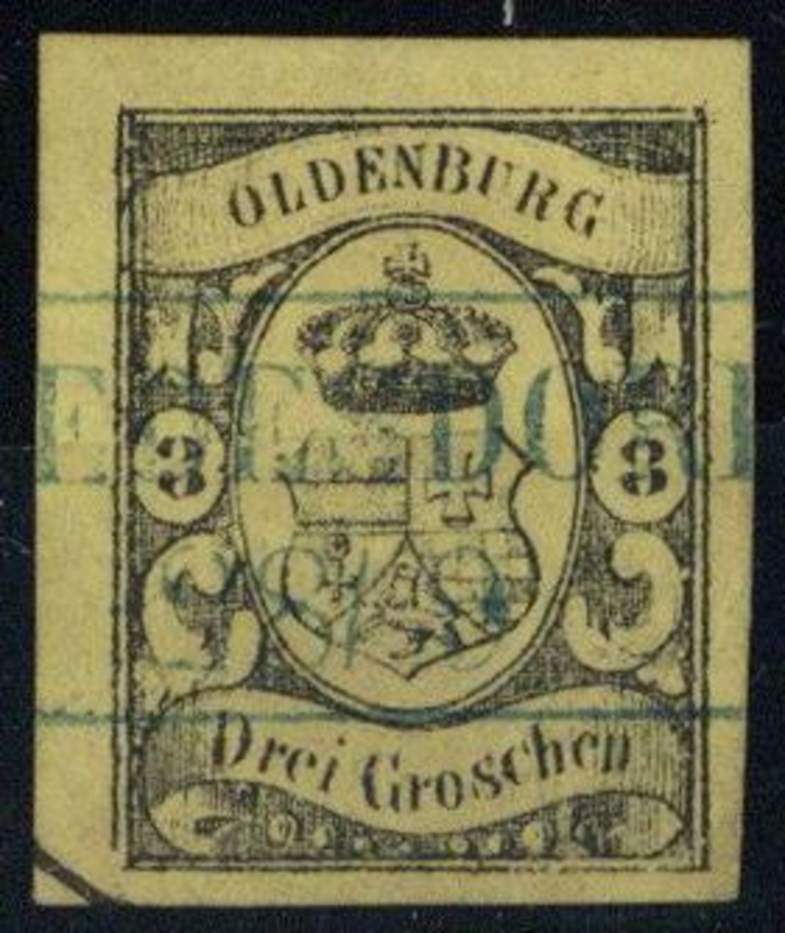 OLDENBURG, Mi.Nr.8, 1859/61, 3 Gr schwarz/mittelgraugelb, breitrandig, blauer Ra2 (D)EDESDORF 28/