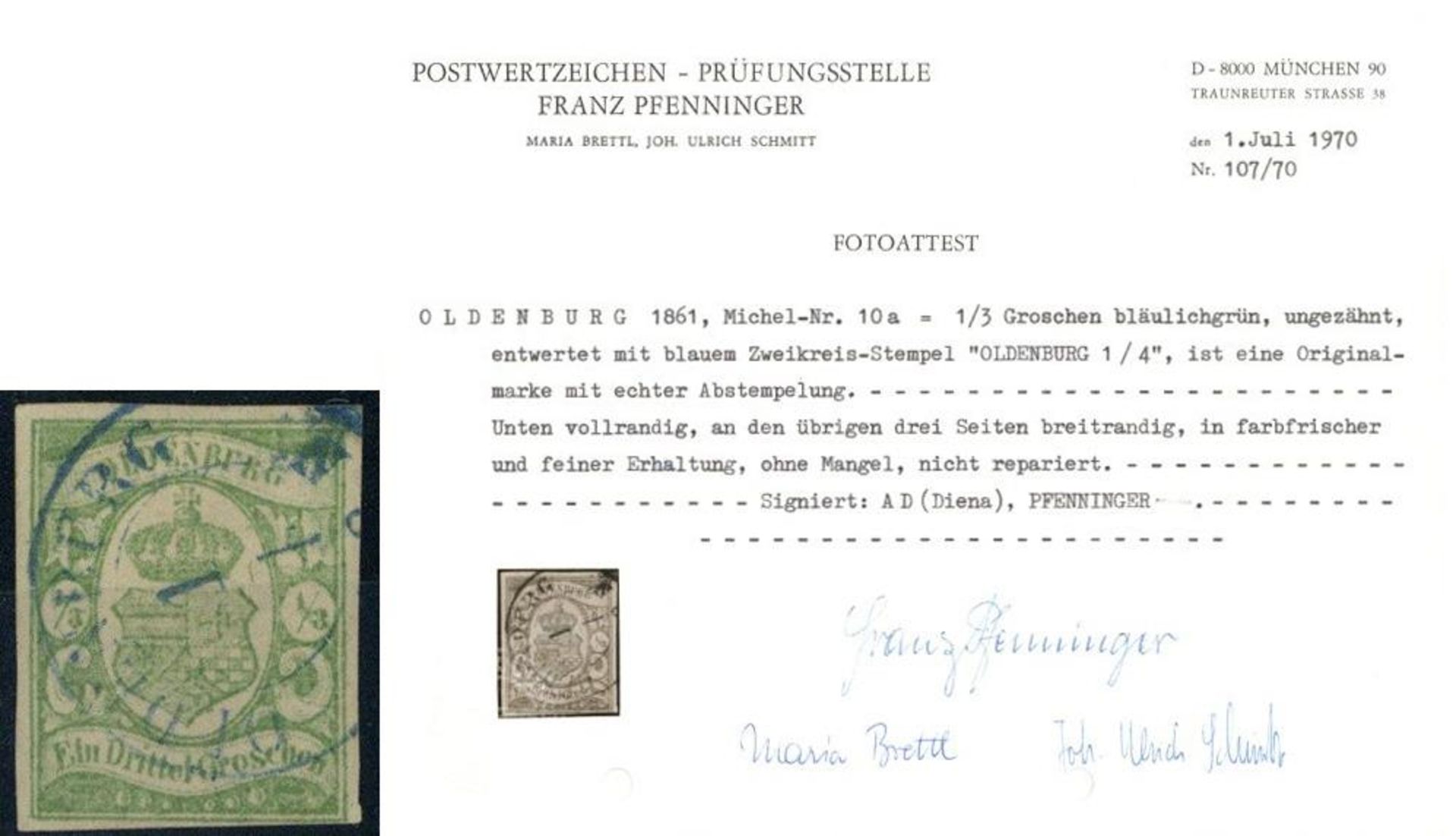 OLDENBURG, Mi.Nr.10a, 1861, 1/3 Gr gelblichgrün, vollrandig, blauer K2 OLDENBURG 1/4, farbfrische